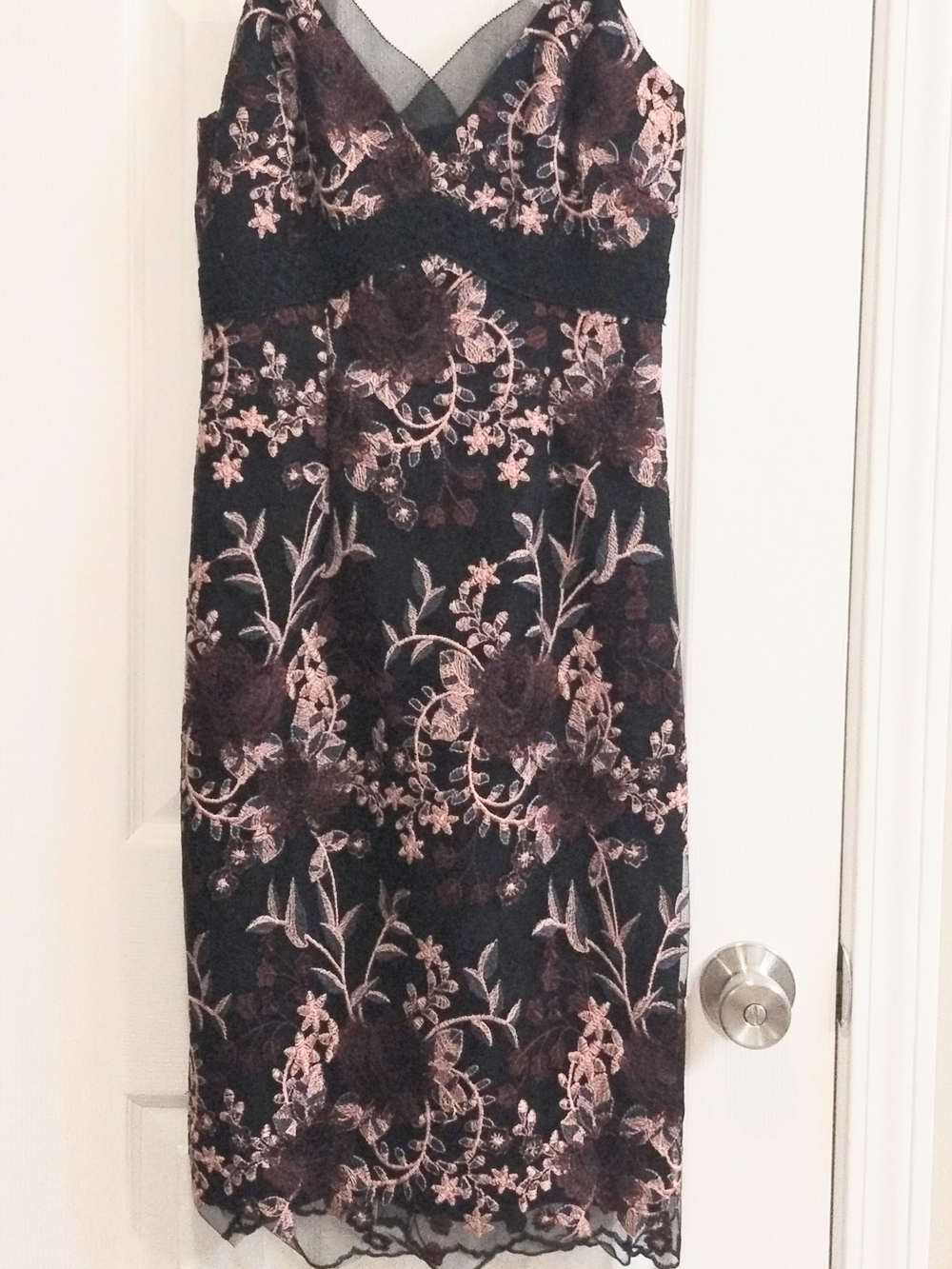 NWT White House Black Market Black Midi Dress with Pink Floral Lace Overlay